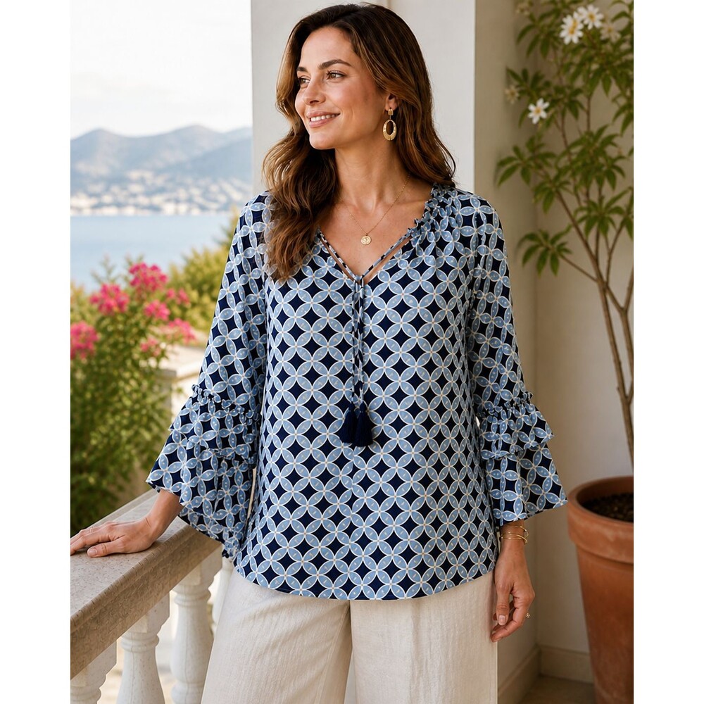 Boho Tunic Top Ruffle Sleeve Tassel Tie Blue Geometric Medallion Crown & Ivy 2X